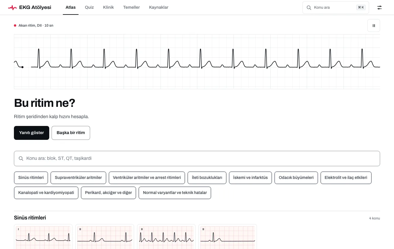 EKG Atölyesi uygulamasının Atlas ekranı: akan ritim şeridi, konu arama alanı ve konu kategorileri